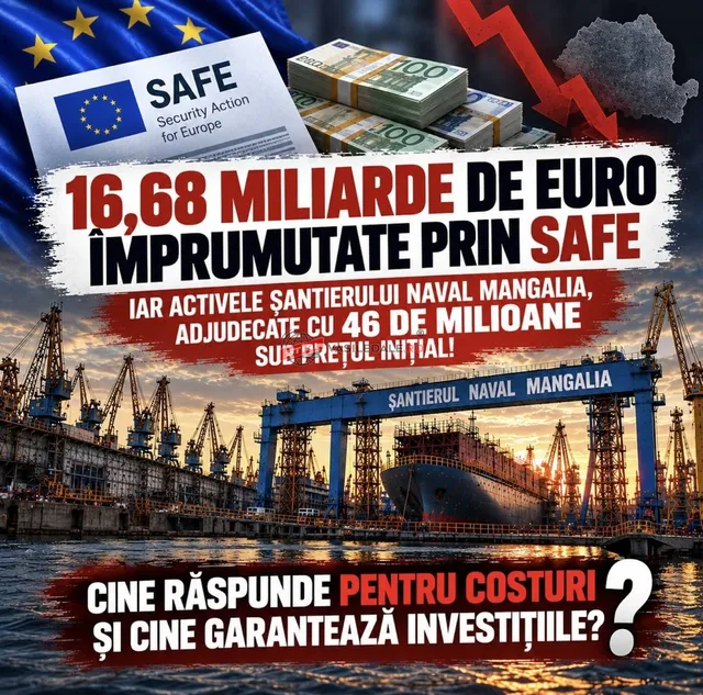 Un colaj conține text în limba română, imagini cu bancnote, un grafic descendent, un logo SAFE și o platformă de foraj lângă un șantier naval.