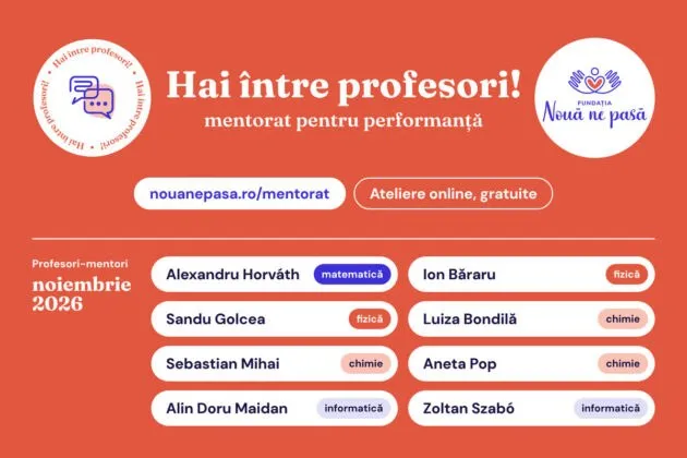 Un afiș pe fundal portocaliu prezintă textul programului de mentorat și listează numele unor profesori-mentori alături de disciplinele lor specifice în dreptul fiecărui nume.