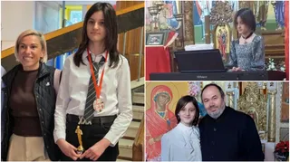 O fată cu o medalie și un trofeu stă lângă o femeie, în timp ce în alt cadru un băiat stă lângă un bărbat în fața unor picturi religioase.
