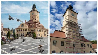 A collage showing the Council Tower in Brasov: on the left, pigeons fly over the square in front of the tower; on the right, the tower is covered in scaffolding against a cloudy sky.
