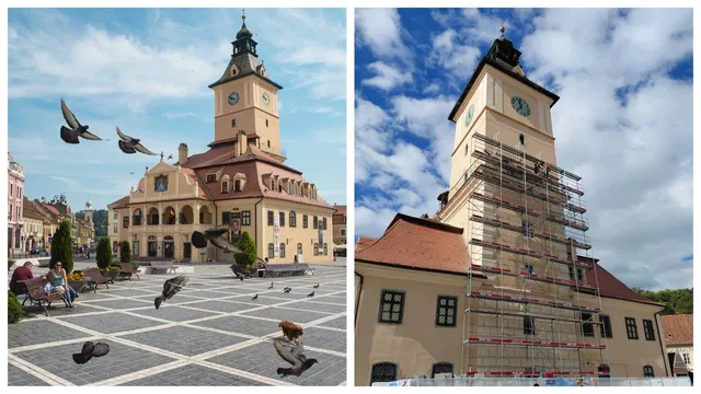 A collage showing the Council Tower in Brasov: on the left, pigeons fly over the square in front of the tower; on the right, the tower is covered in scaffolding against a cloudy sky.