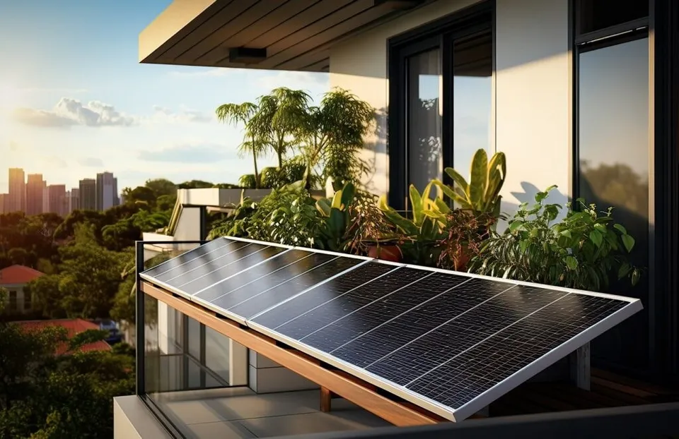 Mai multe panouri fotovoltaice sunt montate pe o structură de lemn pe un balcon cu plante verzi și ferestre mari.