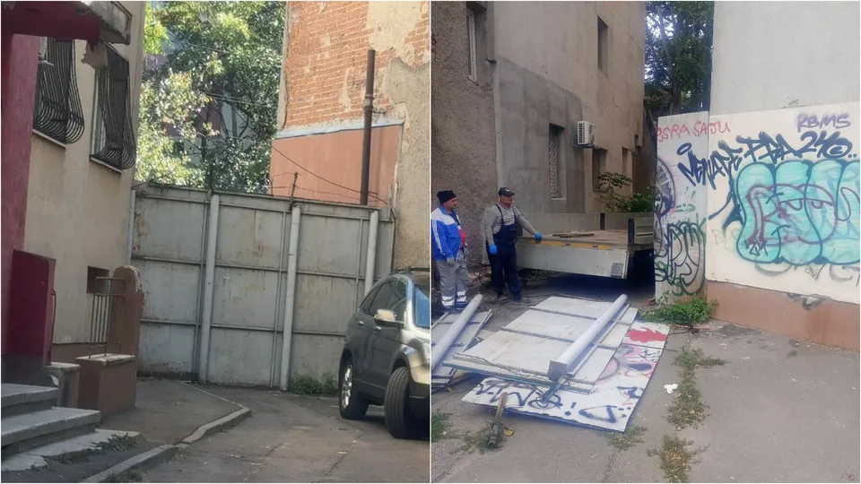 Două fotografii prezintă un zid gri din beton lângă o clădire și unelte de construcție întinse pe pământ lângă un perete cu graffiti.