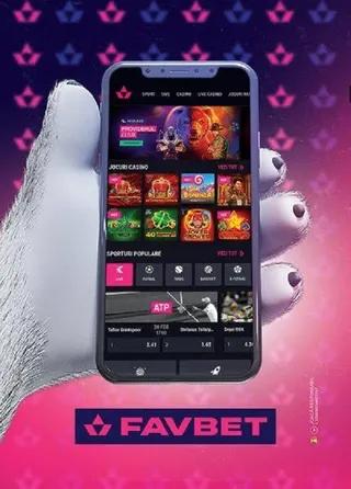 O mână ține un smartphone care afișează o interfață de jocuri de noroc cu diverse pictograme colorate pe un fundal mov cu modele geometrice.