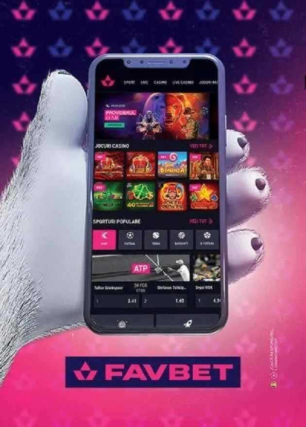 O mână ține un smartphone care afișează o interfață de jocuri de noroc cu diverse pictograme colorate pe un fundal mov cu modele geometrice.