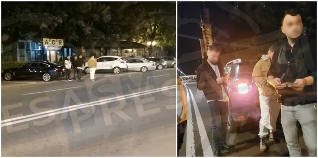 Două fotografii de noapte prezintă mașini parcate pe o stradă și un grup de persoane lângă un vehicul roșu.