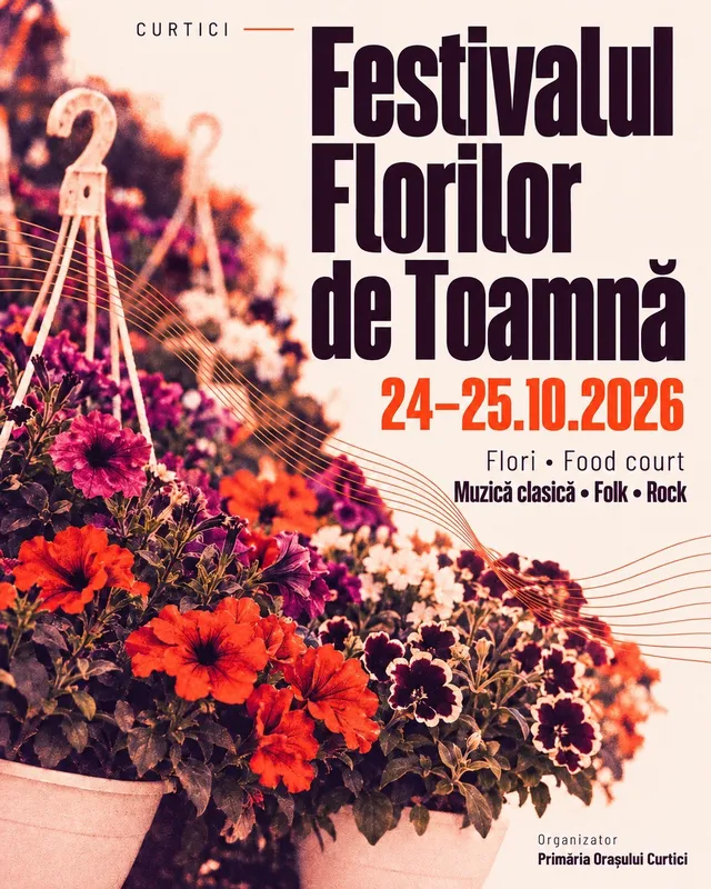 Un afiș cu flori colorate în ghivece, prezentând textul despre un festival de toamnă și detalii despre programul de eveniment.