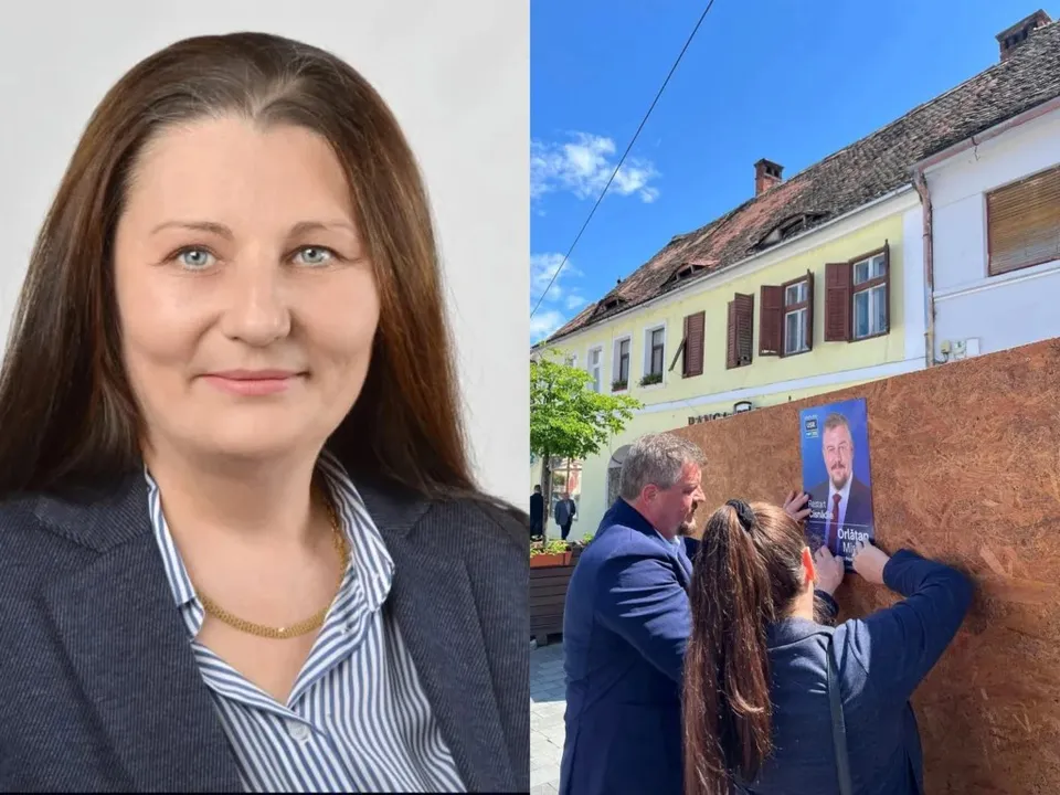 O femeie cu părul lung și o jachetă închisă este prezentată într-un portret, lângă o scenă cu doi oameni lângă un panou maro.