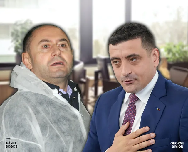 Un bărbat poartă un sac de protecție alb, în timp ce un alt bărbat într-un costum albastru și cravată roz stă lângă el.