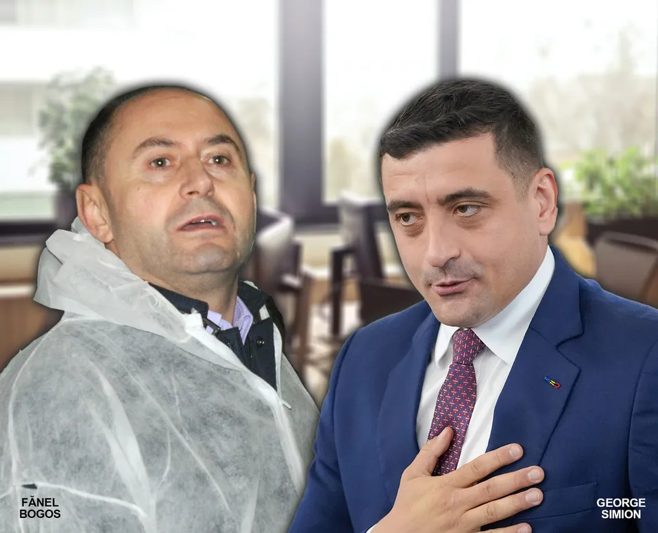 Un bărbat poartă un sac de protecție alb, în timp ce un alt bărbat într-un costum albastru și cravată roz stă lângă el.