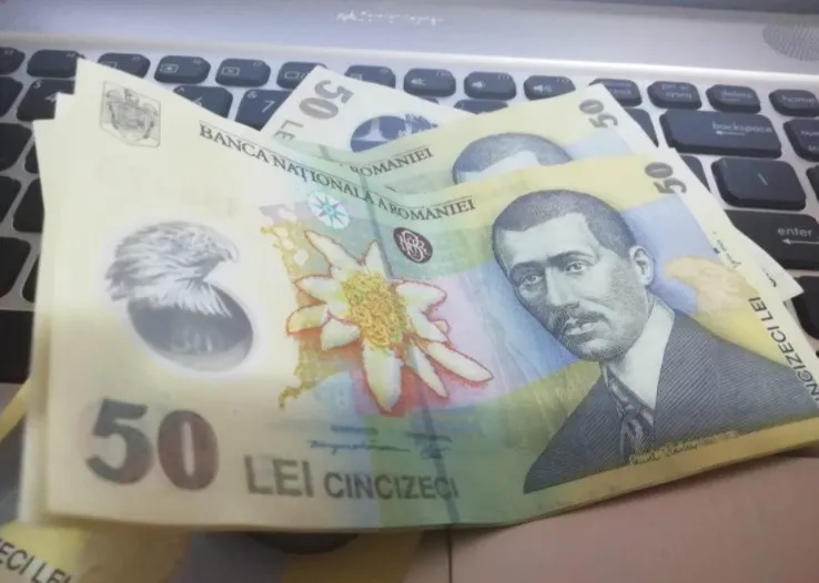 Bancnote de 50 de lei românești așezate pe o tastatură de laptop, cu portretul lui Nicolae Milescu și floarea de colt.