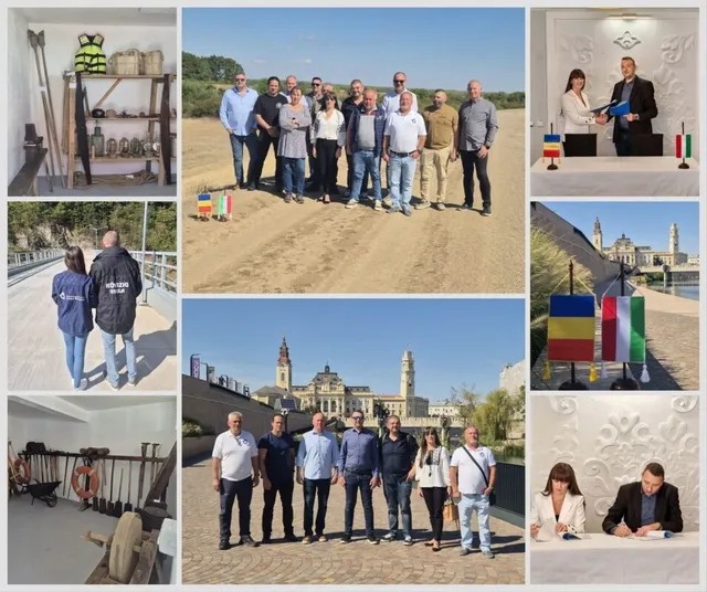 Un grup de oameni stă în rând pe un drum de pământ sub un cer senin.