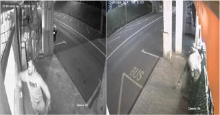 Imagine de supraveghere în alb-negru, împărțită în două, arătând o persoană într-o zonă urbană lângă o terasă și o stradă cu marcajul BUS.