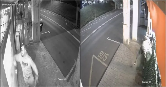 Imagine de supraveghere în alb-negru, împărțită în două, arătând o persoană într-o zonă urbană lângă o terasă și o stradă cu marcajul BUS.