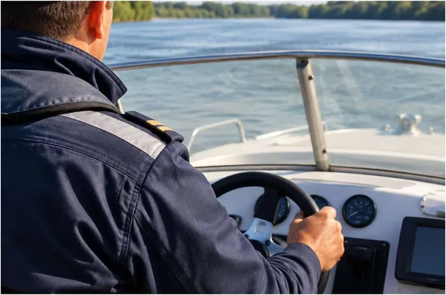 Un bărbat de spatele purtând o jachetă albastră ține volanul unei embarcațiuni pe un lac cu vegetație în fundal.