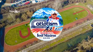 O vedere aeriană a unui stadion de atletism cu pistă roșie și teren de gazon verde, suprapusă de un logo circular cu un bărbat și siluete de alergători.