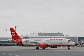 Un avion alb cu accente roșii și inscripția AnimaWings stă pe o pistă de aeroport sub un cer înnorat.