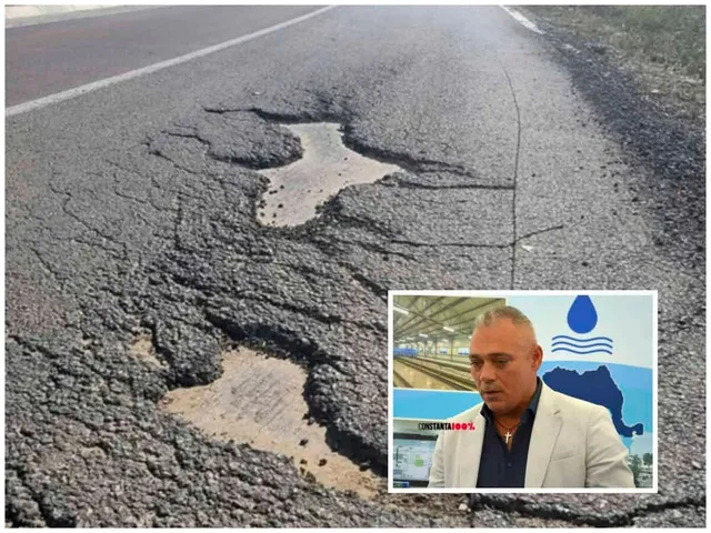 O porțiune de asfalt de pe un drum prezintă crăpături și gropi cu apă stătută în interiorul lor.