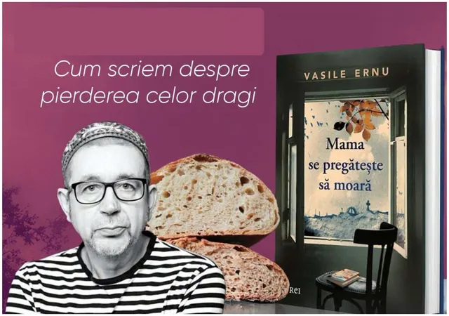 Un bărbat cu ochelari și căciulă poartă un tricou striat, fiind poziționat lângă o carte și două felii de pâine pe un fundal violet.