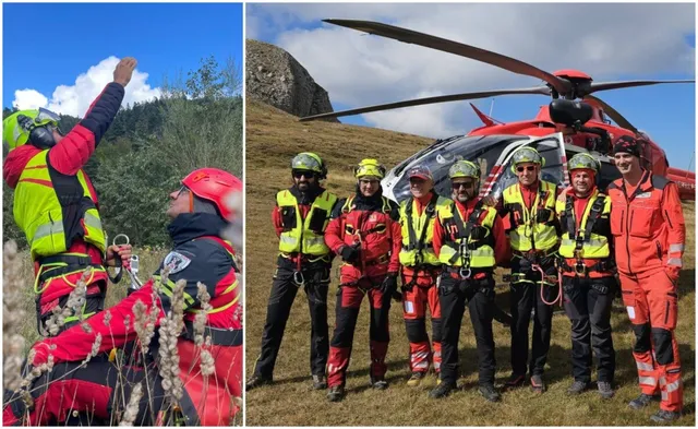 Imaginea din stânga arată doi salvatori montani echipați cu echipamente de protecție, unul arătând spre cer, iar cea din dreapta prezintă un grup de salvatori în fața unui elicopter roșu.