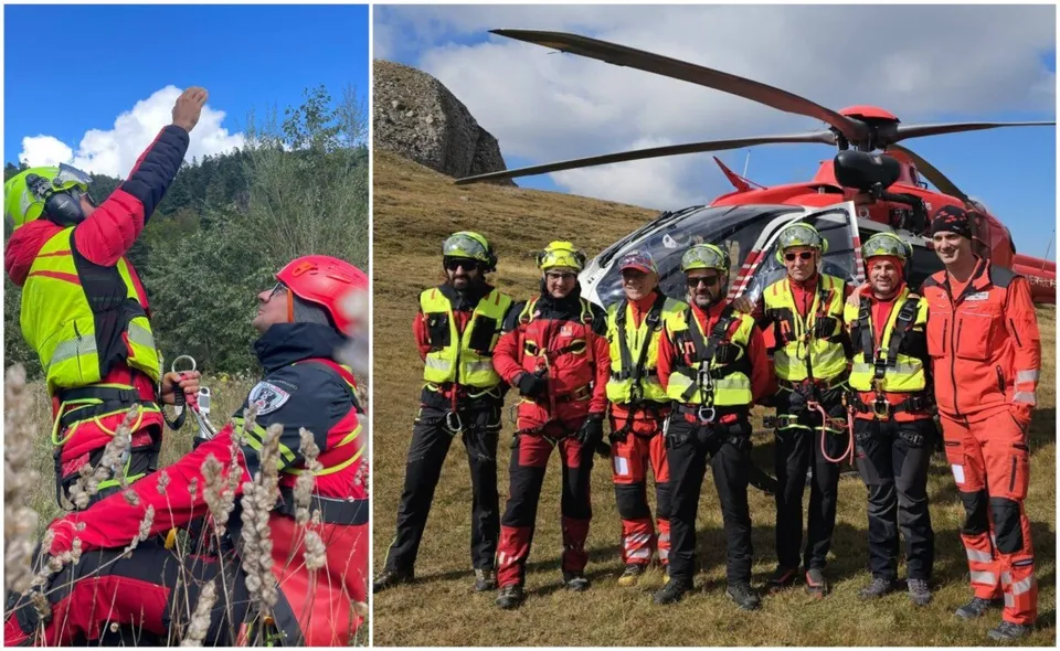 Imaginea din stânga arată doi salvatori montani echipați cu echipamente de protecție, unul arătând spre cer, iar cea din dreapta prezintă un grup de salvatori în fața unui elicopter roșu.