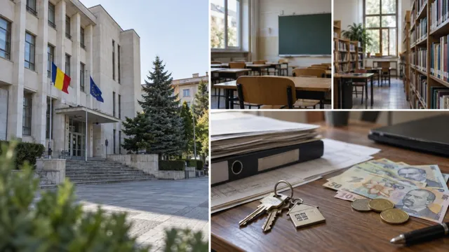 O compoziție formată dintr-o clădire cu steaguri, o sală de clasă cu bănci și un birou cu dosare, chei și bancnote.