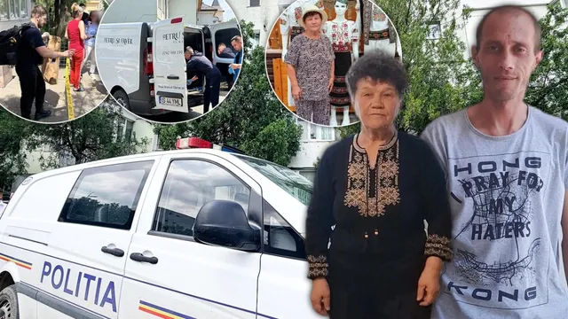 Un colaj foto cu o dubă de poliție, imagini din timpul unei intervenții, și portrete ale unei femei și unui bărbat, pe fundal verde.