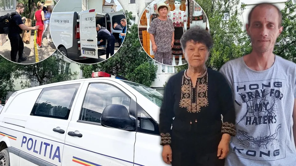 Un colaj foto cu o dubă de poliție, imagini din timpul unei intervenții, și portrete ale unei femei și unui bărbat, pe fundal verde.