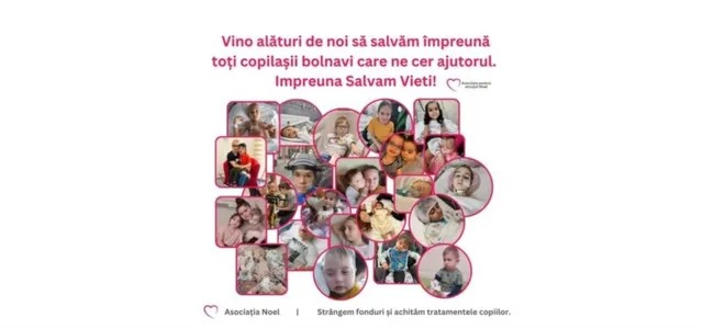 Un colaj de fotografii mici cu copii și adulți este dispus sub un text roșu pe un fundal alb.
