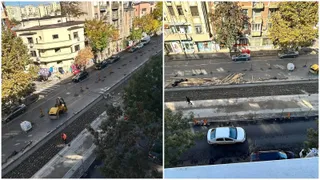 Două fotografii de sus arată o stradă cu mașini parate, șine de tramvai și un vehicul galben de lucru lângă un șantier.