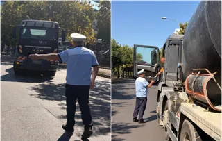 Un agent în uniformă albastră și căciulă albă stă pe drum lângă un camion negru, în timp ce un alt agent verifică un camion cu cisternă.