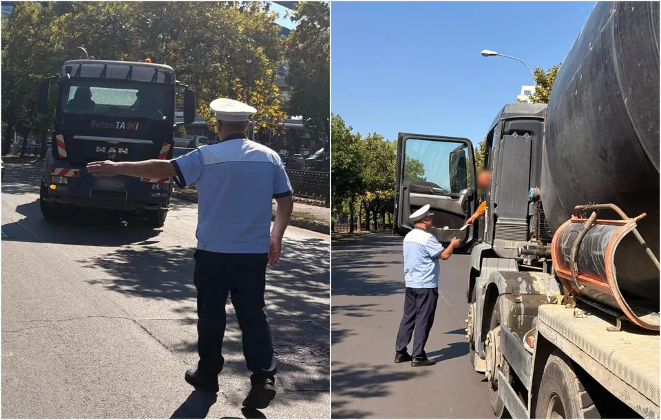 Un agent în uniformă albastră și căciulă albă stă pe drum lângă un camion negru, în timp ce un alt agent verifică un camion cu cisternă.