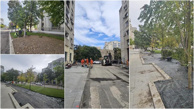 Imagine compusă din trei cadre arătând zone de șantier cu pământ, materiale de construcție, pavaj parțial și vegetație pe marginea drumului.