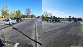 Două fotografii prezintă o porțiune de drum asfaltat cu mașini parcate pe marginea drumului și vegetație în fundal sub un cer senin.