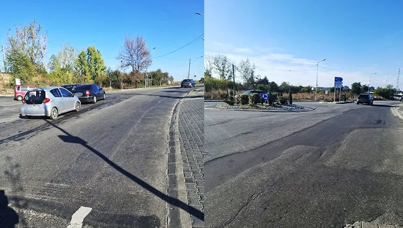 Două fotografii prezintă o porțiune de drum asfaltat cu mașini parcate pe marginea drumului și vegetație în fundal sub un cer senin.