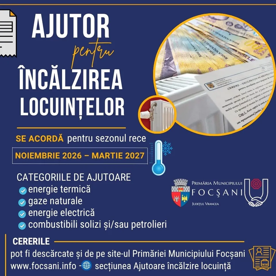 Un afiș informativ pe fundal albastru prezintă text în limba română, o ilustrație cu bancnote, un calorifer și un formular de cerere.