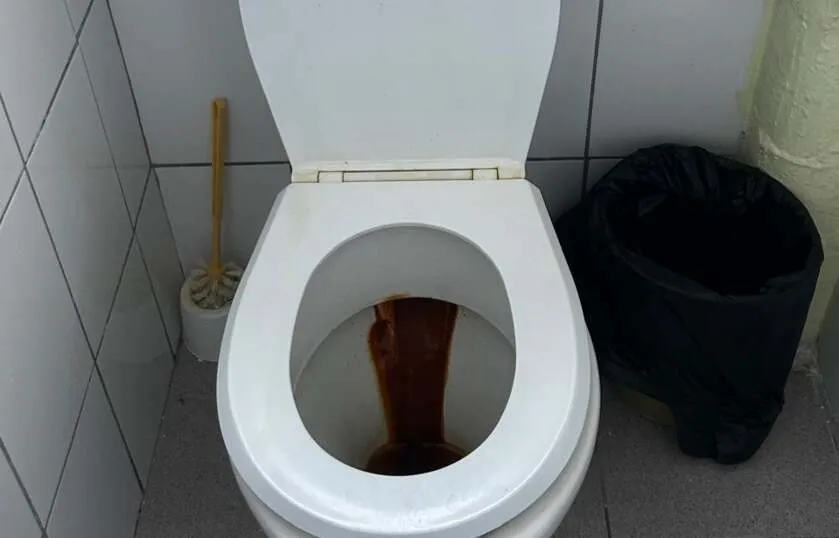 Un toaletă cu capacul deschis, o perie de curățat și un coș de gunoi cu sac negru pe un fundal de plăci de faianță albe.