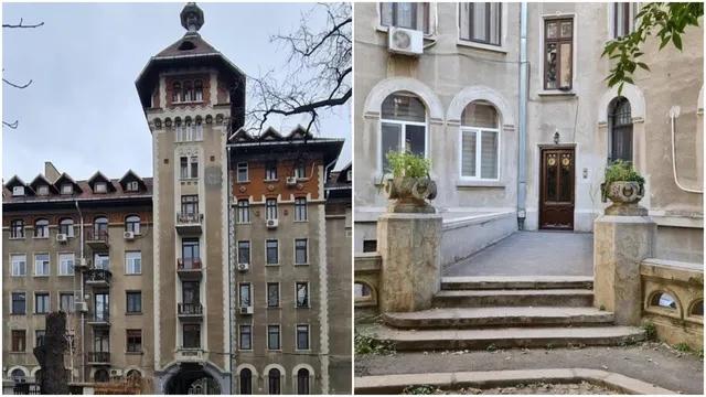 Două fotografii prezintă o clădire cu un turn înalt și o intrare cu trepte, ferestre și mici jardiniere pe stâlpi de piatră.