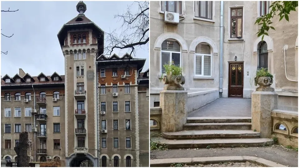 Două fotografii prezintă o clădire cu un turn înalt și o intrare cu trepte, ferestre și mici jardiniere pe stâlpi de piatră.