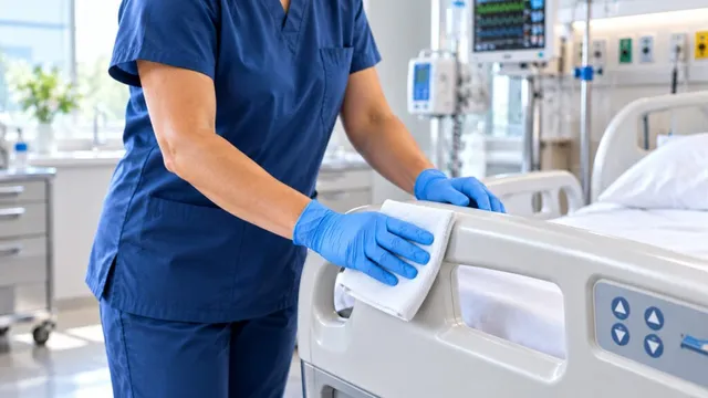O persoană îmbrăcată în uniformă albastră și mănuși de protecție albastre șterge marginea unui pat de spital cu un prosop alb.