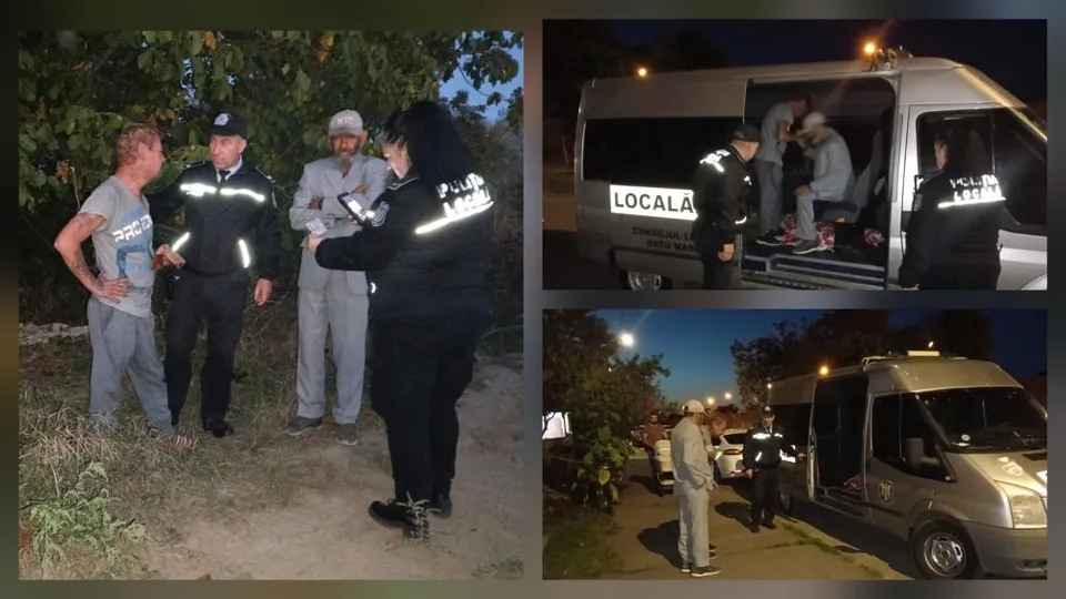Patru persoane, dintre care două în uniformă închisă cu benzi reflectorizante, stau lângă un vehicul alb și un adăpost de afară noaptea.
