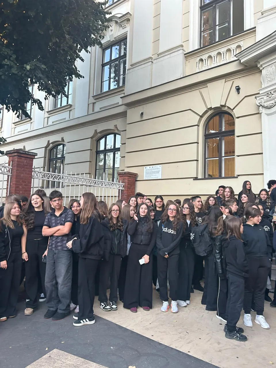 Un grup de tineri stă adunat în fața unei clădiri cu ferestre mari și un gard metalic decorat cu vârfuri de fier.