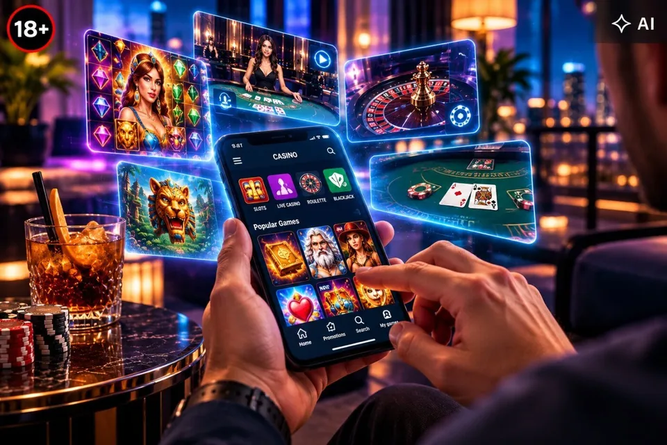 O persoană ține un smartphone care afișează o interfață de jocuri de cazinou, în timp ce diverse ferestre digitale cu jocuri plutesc în jurul dispozitivului.