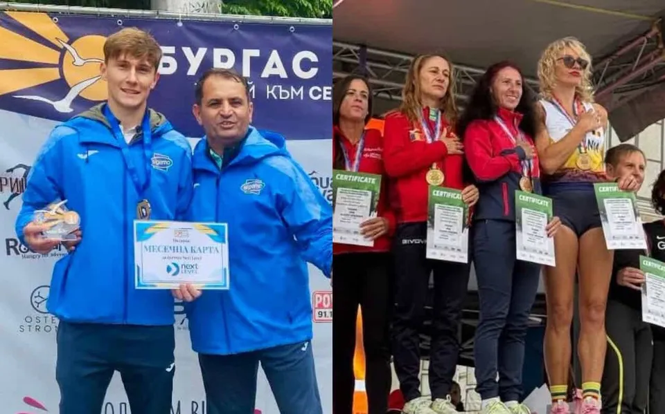 Un bărbat cu o medalie și un certificat stă lângă un alt bărbat, în timp ce patru femei cu medalii și certificate stau pe o platformă.