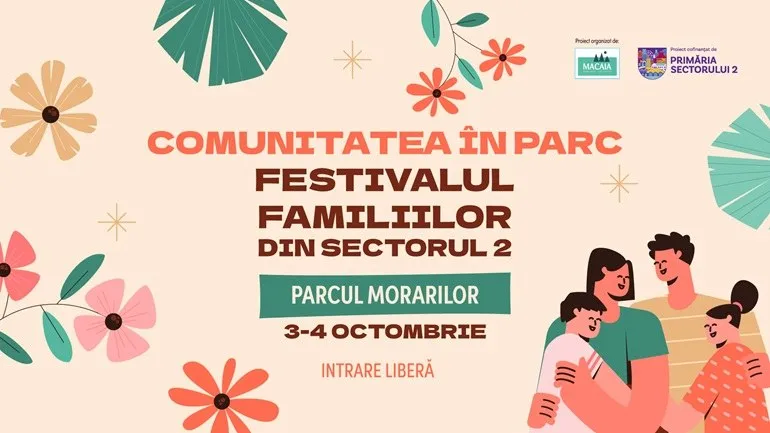 Un afiș cu ilustrații florale și desenul unei familii format din patru persoane pe un fundal de culoare deschisă.