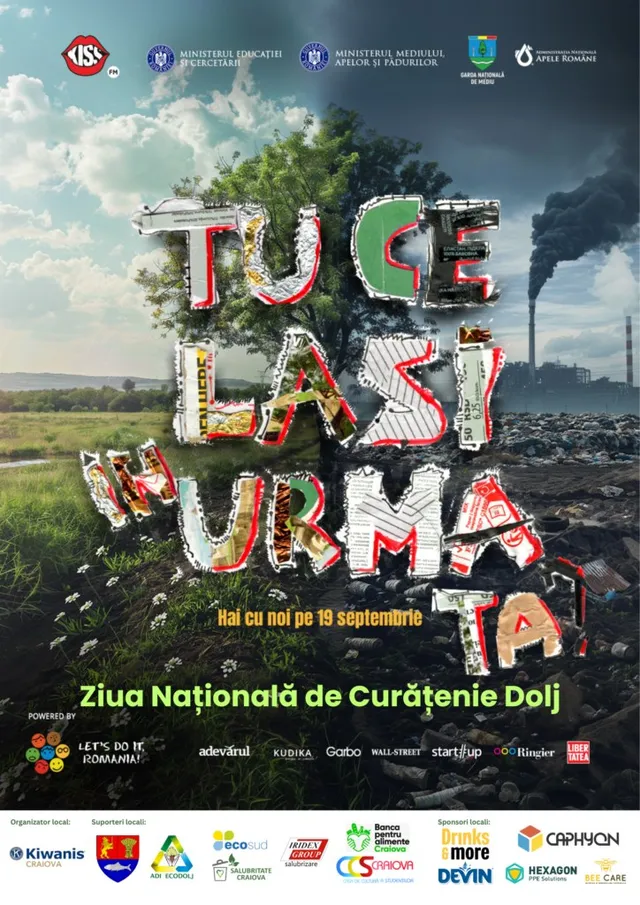 Un afiș prezintă text colorat pe un fundal format din vegetație, un cer înnorat și o coloană de fum de la o fabrică.