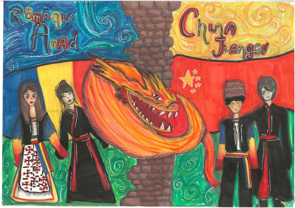 O pictură colorată înfățișează un dragon portocaliu între patru figuri umane și simboluri reprezentând România și China pe un fundal decorat.