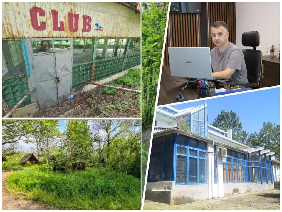Un colaj format din o clădire cu inscripția CLUB, o zonă cu vegetație densă, un bărbat la un birou cu laptop și o clădire cu ferestre albastre.
