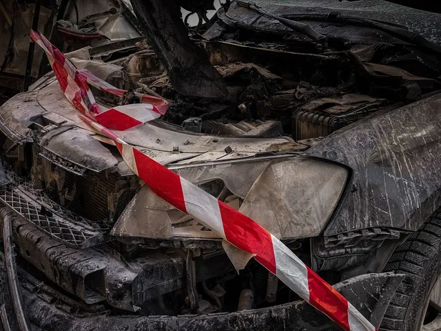 Un autoturism distrus și deformat este marcat cu o bandă de avertizare albă și roșie.