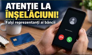 O persoană ține un telefon mobil care afișează un apel primit, lângă un card bancar și o cană pe o masă de lemn.
